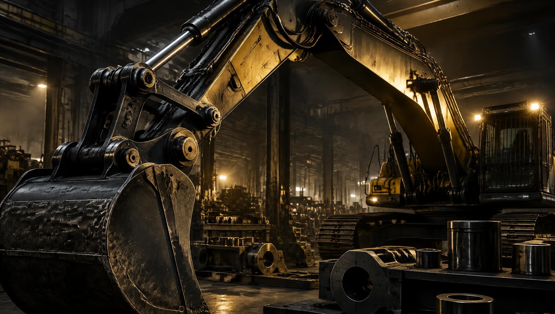 Escavadeira e componentes hidráulicos em oficina industrial