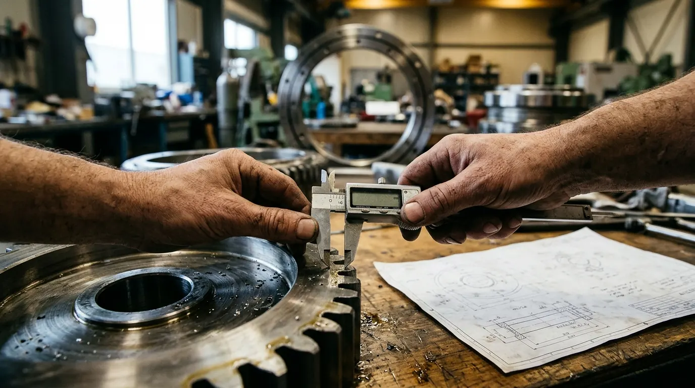 Técnico medindo uma engrenagem com paquímetro ao lado do desenho técnico